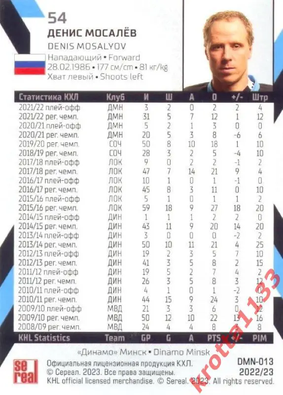 Денис Мосалёв Динамо Минск SeReal Карточки КХЛ 2022-2023 1