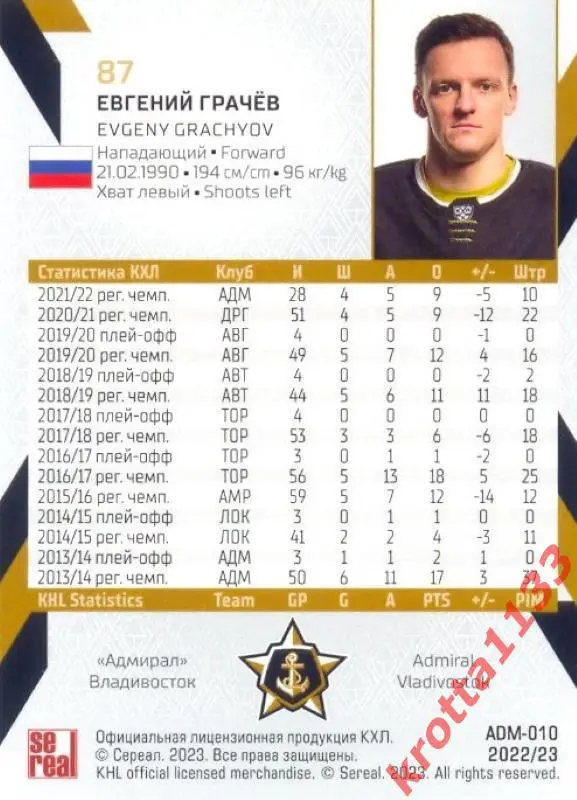 Евгений Грачёв Адмирал Владивосток SeReal Карточки КХЛ 2022-2023 1
