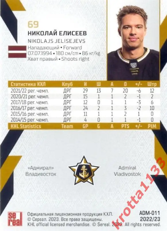 Николай Елисеев Адмирал Владивосток SeReal Карточки КХЛ 2022-2023 1