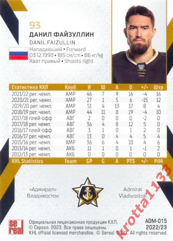 Данил Файзуллин Адмирал Владивосток SeReal Карточки КХЛ 2022-2023 1