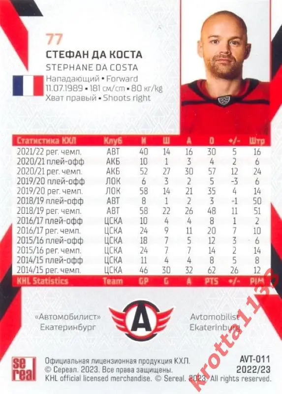 Стефан Да Коста Автомобилист Екатеринбург SeReal Карточки КХЛ 2022-2023 1