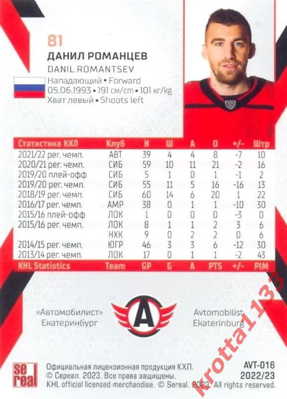 Данил Романцев Автомобилист Екатеринбург SeReal Карточки КХЛ 2022-2023 1