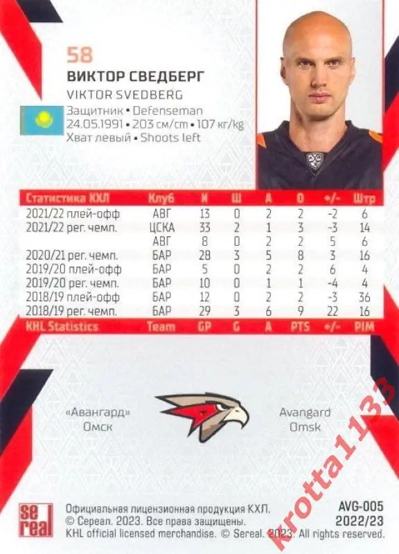 Виктор Сведберг Авангард Омск SeReal Карточки КХЛ 2022-2023 1