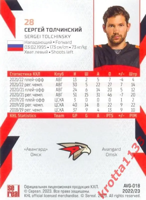 Сергей Толчинский Авангард Омск SeReal Карточки КХЛ 2022-2023 1