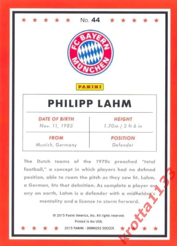 Philipp Lahm FC Bayern Munich PANINI Donruss Soccer 2015 1
