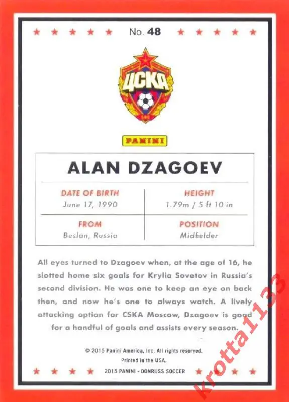 Alan Dzagoev CSKA Moscow PANINI Donruss Soccer 2015 1