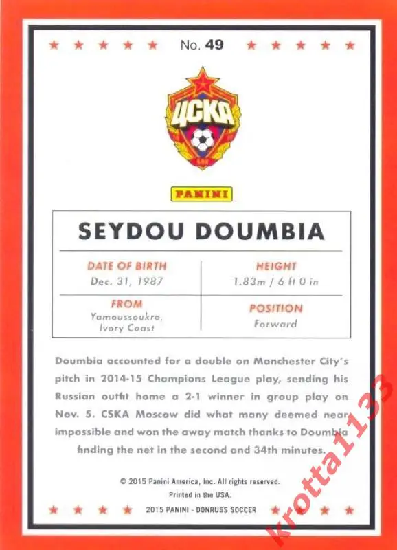 Seydou Doumbia CSKA Moscow PANINI Donruss Soccer 2015 1