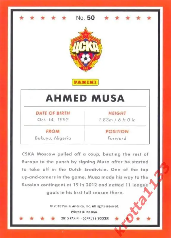 Ahmed Musa CSKA Moscow PANINI Donruss Soccer 2015 1