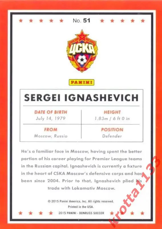 Sergei Ignashevich CSKA Moscow PANINI Donruss Soccer 2015 1