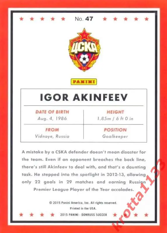 Igor Akinfeev CSKA Moscow PANINI Donruss Soccer 2015 1