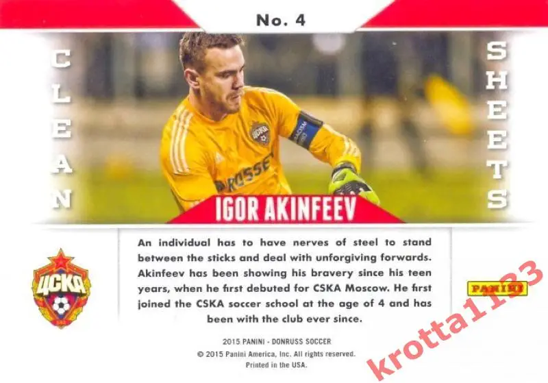 Igor Akinfeev CSKA Moscow PANINI Donruss Soccer 2015 Clean Sheets 1