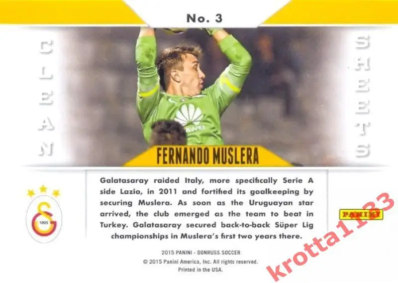 Fernando Muslera Galatasaray PANINI Donruss Soccer 2015 Clean Sheets 1