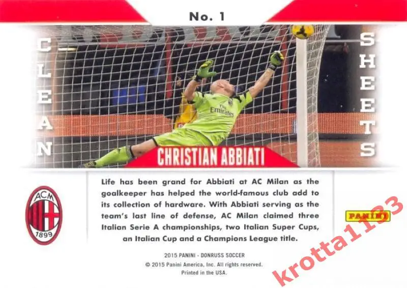 Christian Abbiati AC Milan PANINI Donruss Soccer 2015 Clean Sheets 1