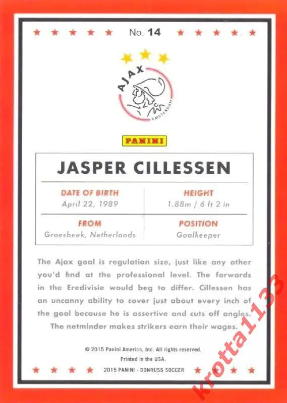 Jasper Cillessen Ajax PANINI Donruss Soccer 2015 1