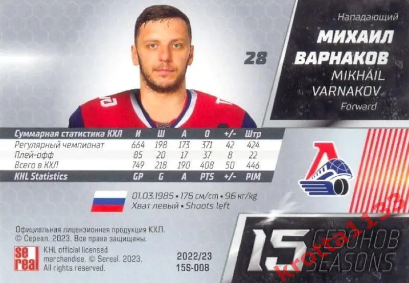 Михаил Варнаков Локомотив Ярославль SeReal Карточки КХЛ 2022-2023 Premium 1