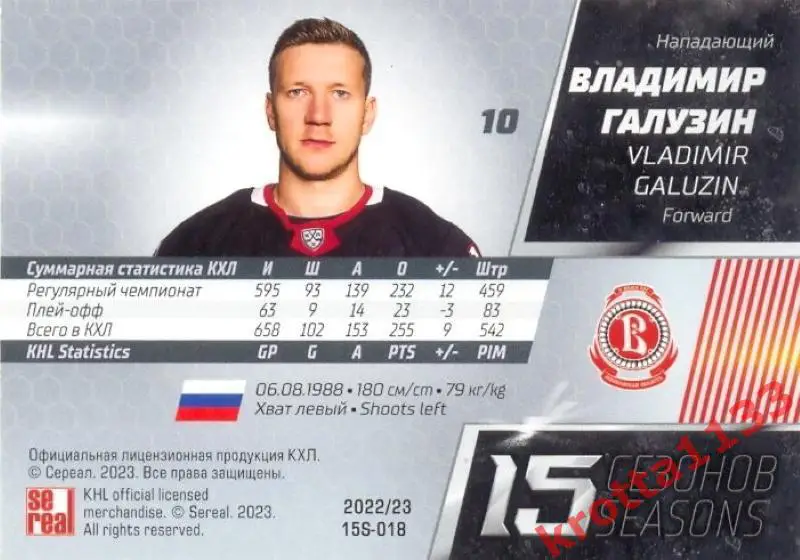 Владимир Галузин Витязь Московская область SeReal Карточки КХЛ 2022-23 Premium 1