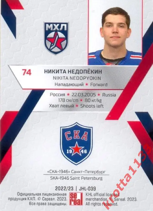 Никита Недопёкин СКА-1946 Санкт-Петербург SeReal Карточки КХЛ 2022-2023 Premium 1