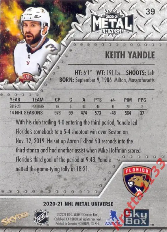 Keith Yandle Florida Panthers SKYBOX Metal Universe Hockey 2020-2021 1