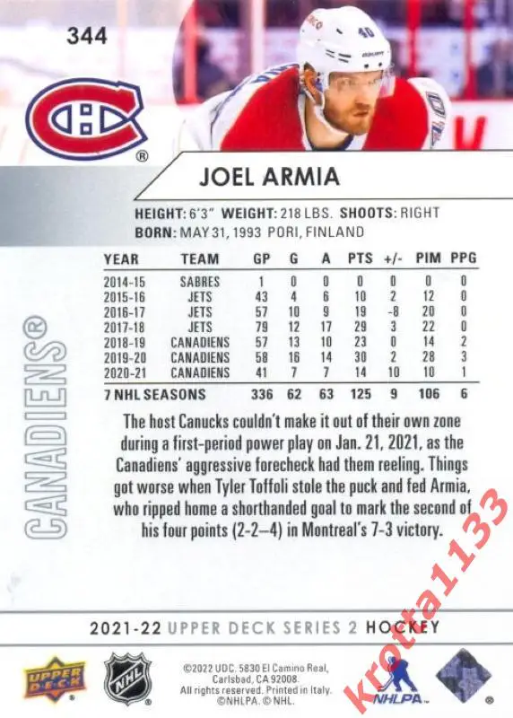 Joel Armia Montreal Canadiens Upper Deck Hockey 2021-2022 1