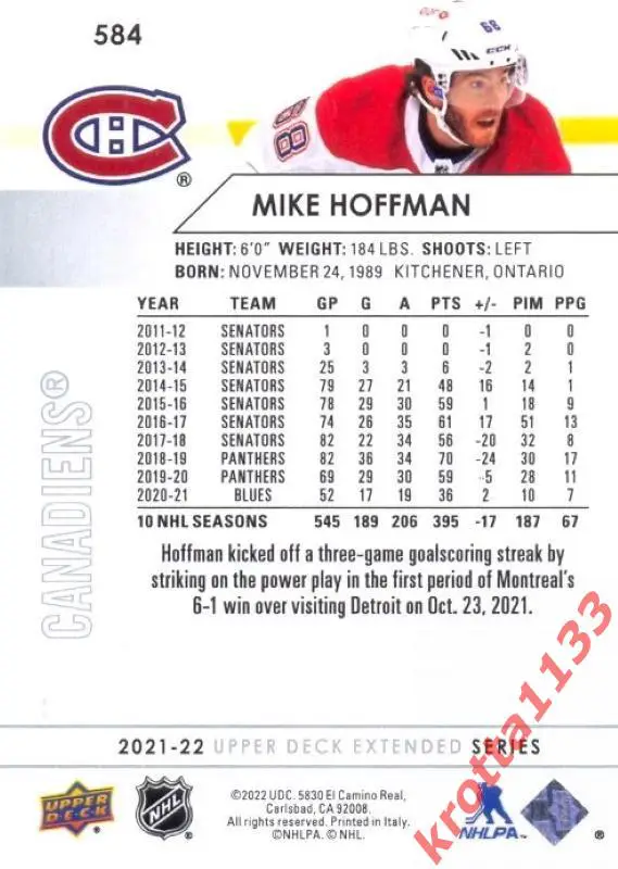 Mike Hoffman Montreal Canadiens Upper Deck Hockey 2021-2022 1