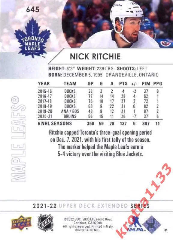 Nick Ritchie Toronto Maple Leafs Upper Deck Hockey 2021-2022 1