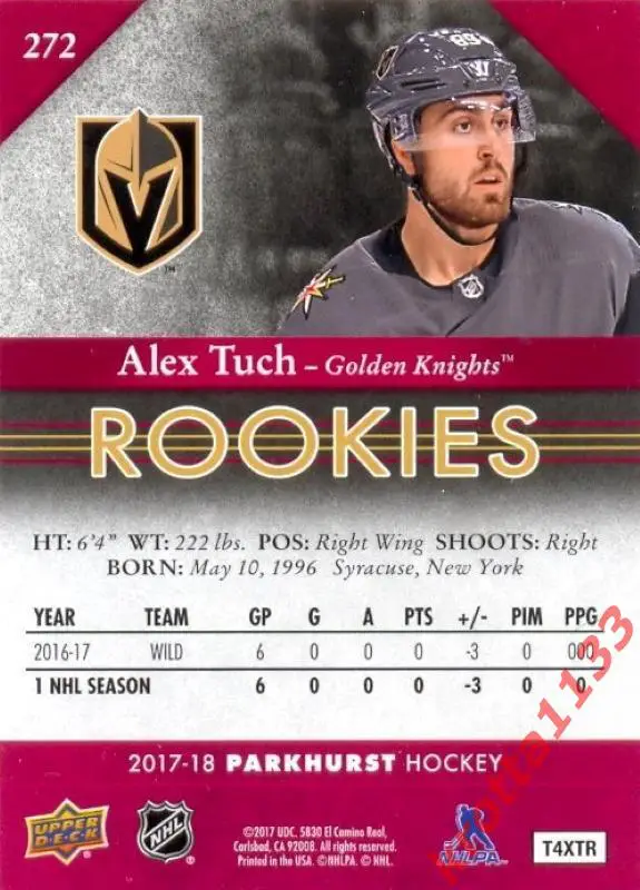 Alex Tuch Vegas Golden Knights Upper Deck Parkhurst Hockey 2017-2018 1