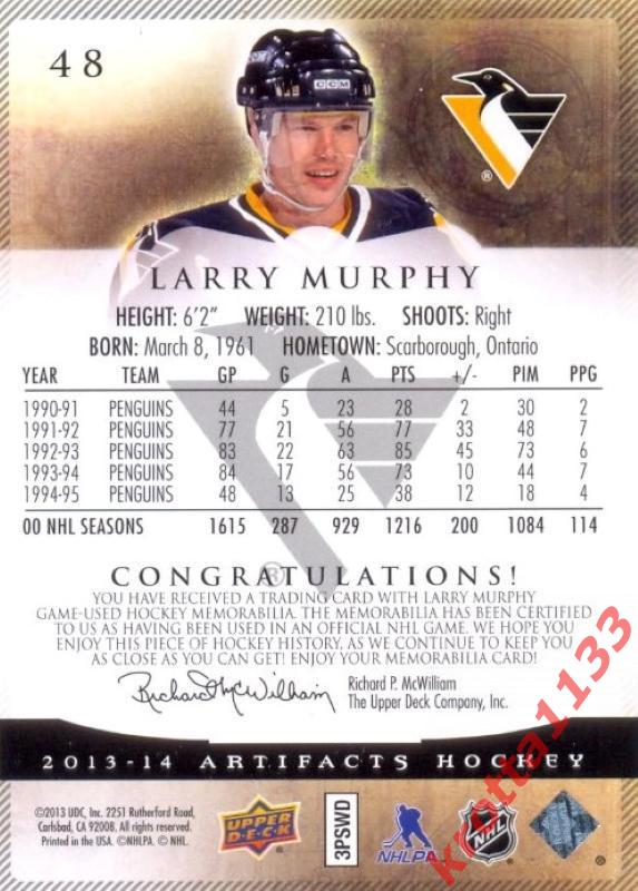 Larry Murphy Pittsburgh Penguins Upper Deck Artifacts 2013-2014 1