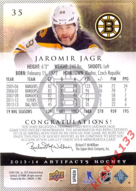 Jaromir Jagr Boston Bruins Upper Deck Artifacts 2013-2014 1