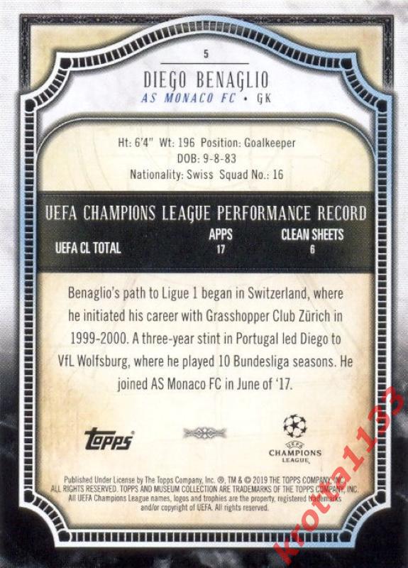 Diego Benaglio AS Monaco FC TOPPS UEFA Champions League Museum Collection 18-19 1