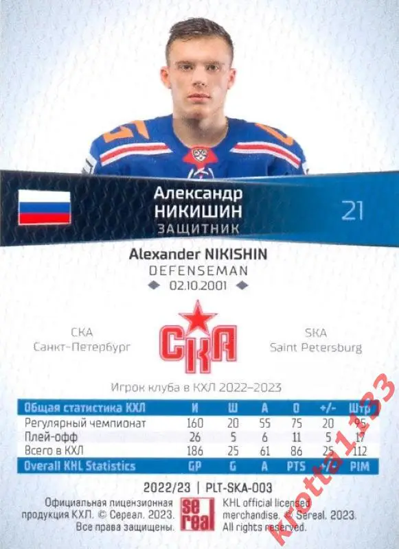 Александр Никишин СКА Санкт-Петербург SeReal Карточки КХЛ 2022-2023 Platinum 1