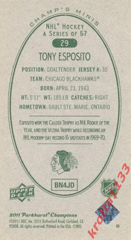 Tony Esposito Chicago Blackhawks Upper Deck Parkhurst Champions 2011 1