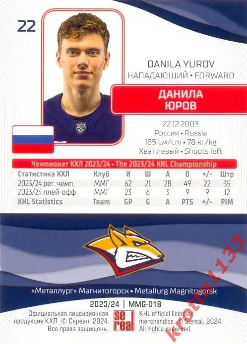 Данила Юров Металлург Магнитогорск SeReal Карточки КХЛ 2023-2024 1