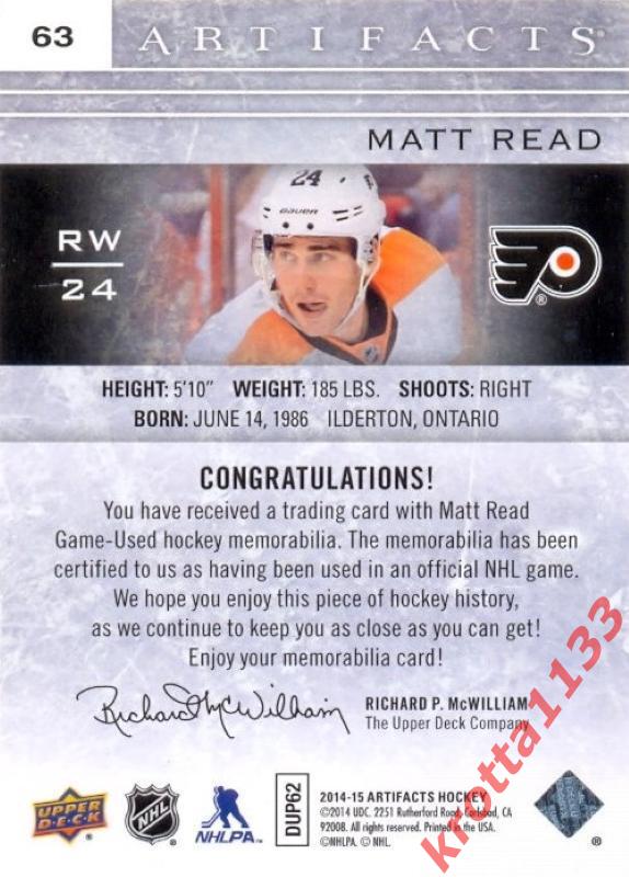 Matt Read Philadelphia Flyers Upper Deck Artifacts 2014-2015 1