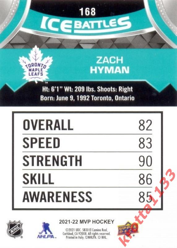 Zach Hyman Toronto Maple Leafs Upper Deck MVP Hockey 2021-2022 1