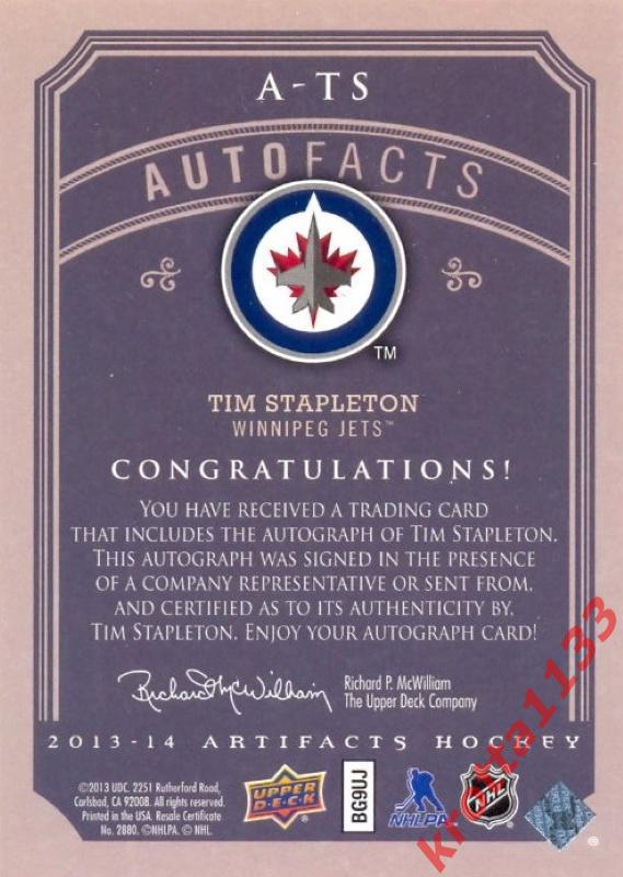 Tim Stapleton Winnipeg Jets Upper Deck Artifacts 2013-2014 1