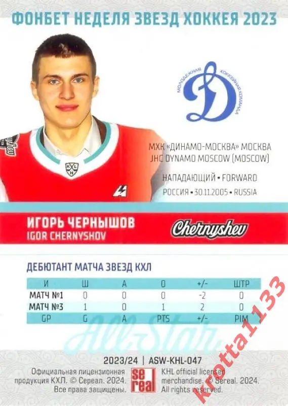 Игорь Чернышов МХК Динамо Москва SeReal Карточки КХЛ 2023-2024 Premium 1