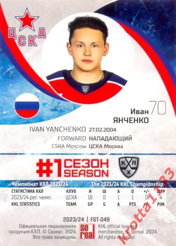 Иван Янченко ЦСКА Москва SeReal Карточки КХЛ 2023-2024 Premium 1