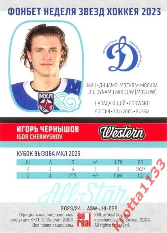 Игорь Чернышов МХК Динамо-Москва Москва SeReal Карточки КХЛ 2023-2024 Premium 1