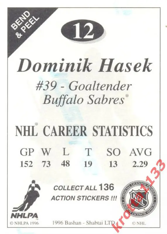 Dominik Hasek Buffalo Sabres Imperial NHL Super Sticker 1995-1996 1