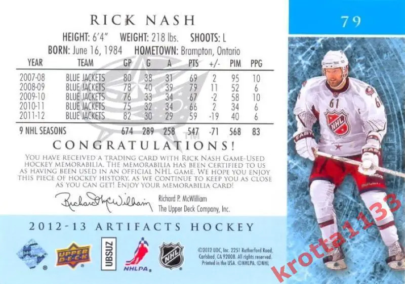 Rick Nash Columbus Blue Jackets Upper Deck Artifacts 2012-2013 1
