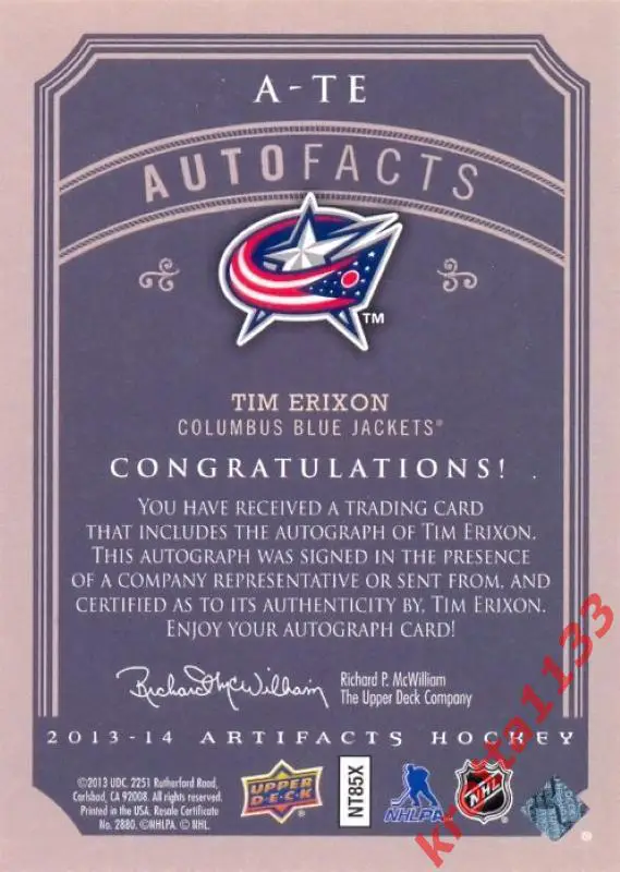 Tim Erixon Columbus Blue Jackets Upper Deck Artifacts 2013-2014 1