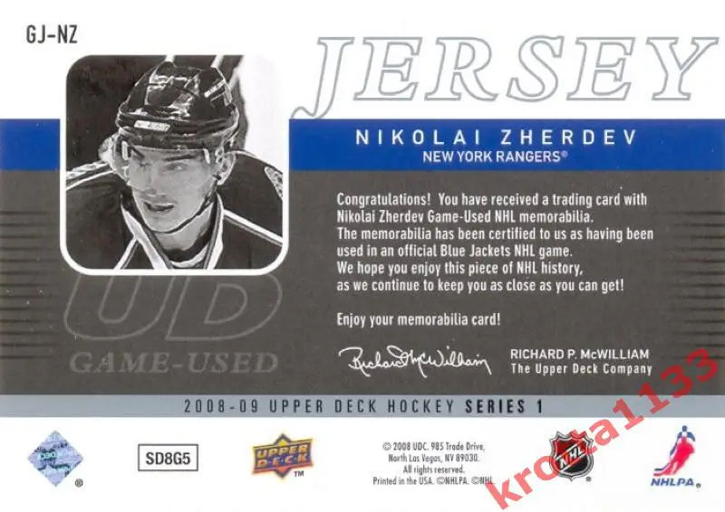 Nikolai Zherdev Columbus Blue Jackets Upper Deck Hockey 2008-2009 1