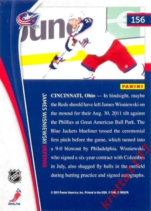 James Wisniewski Columbus Blue Jackets PANINI Pinnacle 2011-2012 1