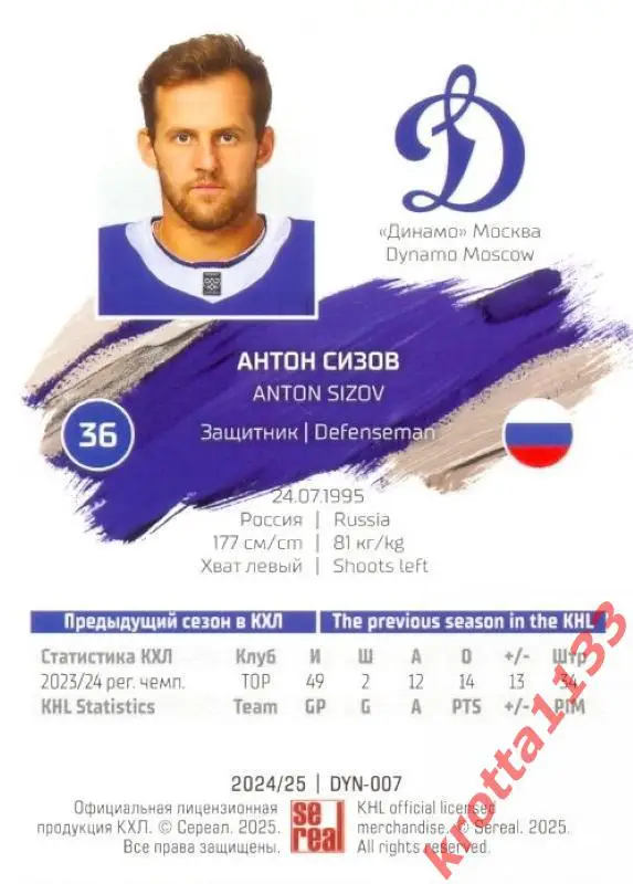 Антон Сизов Динамо Москва SeReal Карточки КХЛ 2024-2025 1