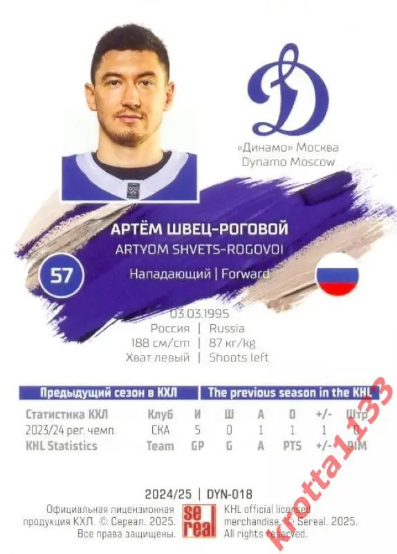 Артём Швец-Роговой Динамо Москва SeReal Карточки КХЛ 2024-2025 1