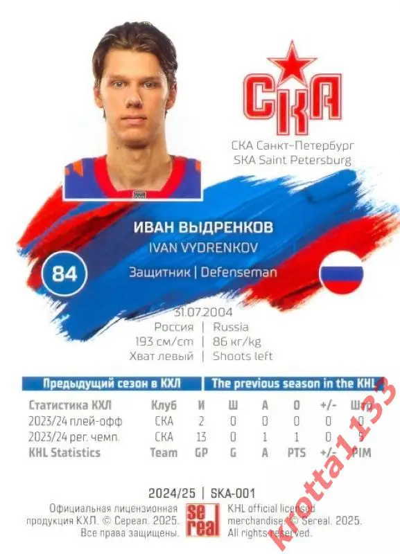 Иван Выдренков СКА Санкт-Петербург SeReal Карточки КХЛ 2024-2025 1