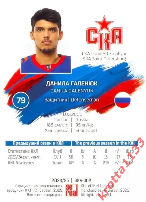Данила Галенюк СКА Санкт-Петербург SeReal Карточки КХЛ 2024-2025 1