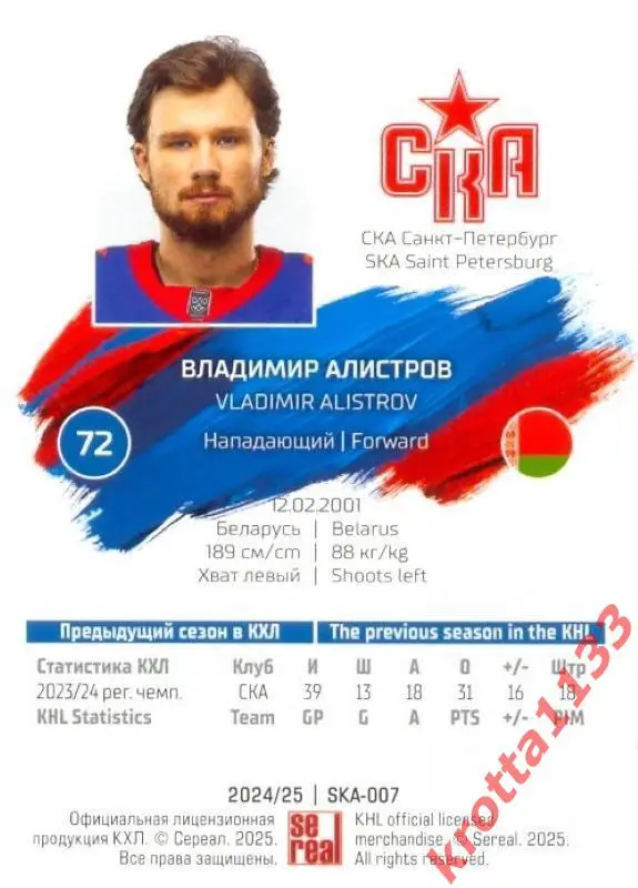 Владимир Алистров СКА Санкт-Петербург SeReal Карточки КХЛ 2024-2025 1