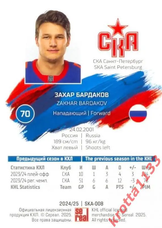 Захар Бардаков СКА Санкт-Петербург SeReal Карточки КХЛ 2024-2025 1