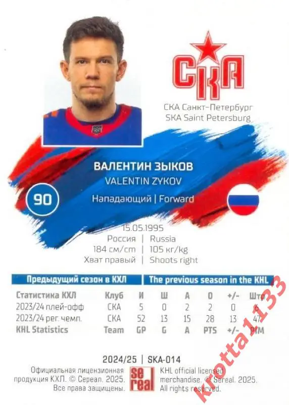Валентин Зыков СКА Санкт-Петербург SeReal Карточки КХЛ 2024-2025 1